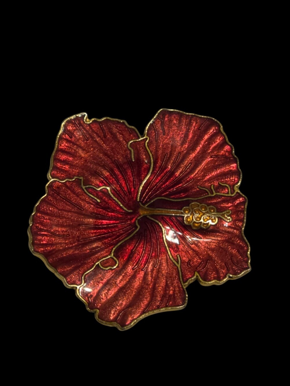 Vintage Red Enamel Hibiscus Flower Brooch Gold Tone Tropical Floral Pin